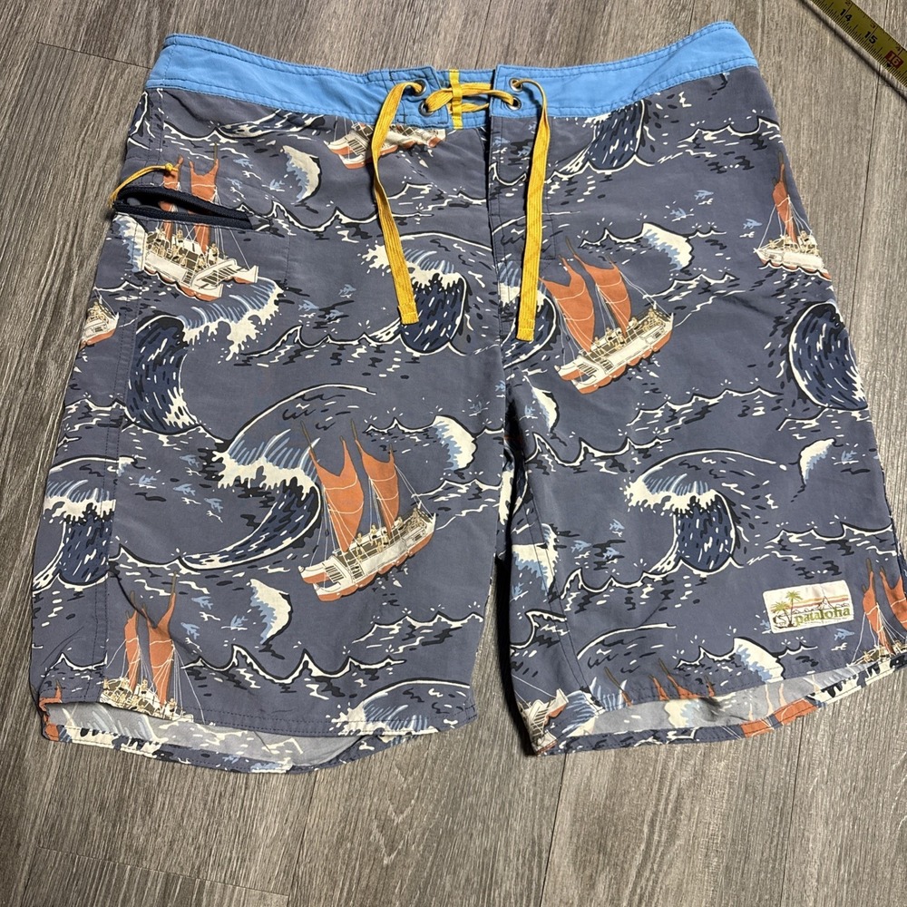Vintage Patagonia Pataloha Sailing Print Board Shorts 9"Size 32 Nylon Swim Surf - Picture 1 of 7